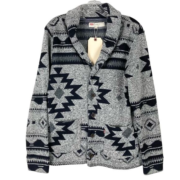 LEVIS Jacket Shacket Cardigan Fleece Sweater Men M Aztec Southwestrn Shawl Grey